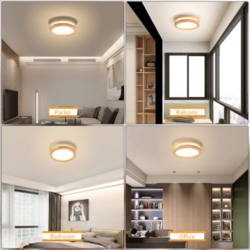 Plafonnier LED Bois Rond 20cm Éclairage De Plafond Pour Chambre Salon Couloir Lumière Naturelle