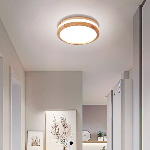 Plafonnier LED Bois Rond 30cm Éclairage De Plafond Pour Chambre Salon Couloir Lumière Naturelle