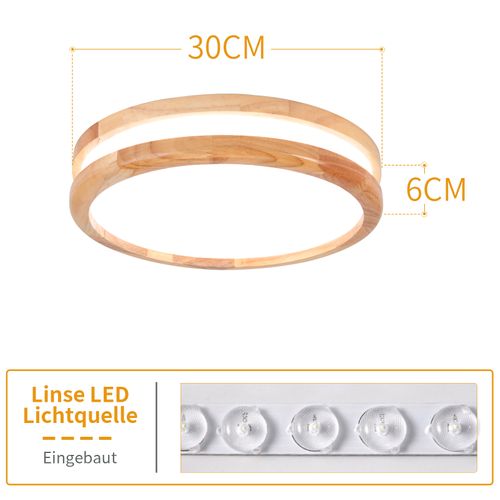 Plafonnier LED Bois Rond 30cm Éclairage De Plafond Pour Chambre Salon Couloir Lumière Naturelle