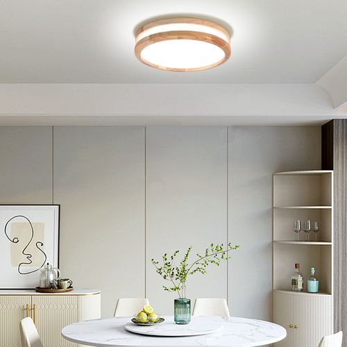 Plafonnier LED Bois Rond 30cm Éclairage De Plafond Pour Chambre Salon Couloir Lumière Naturelle