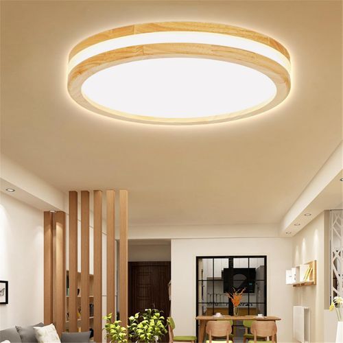 Plafonnier LED Bois Rond 40cm Éclairage De Plafond Pour Chambre Salon Couloir Lumière Naturelle