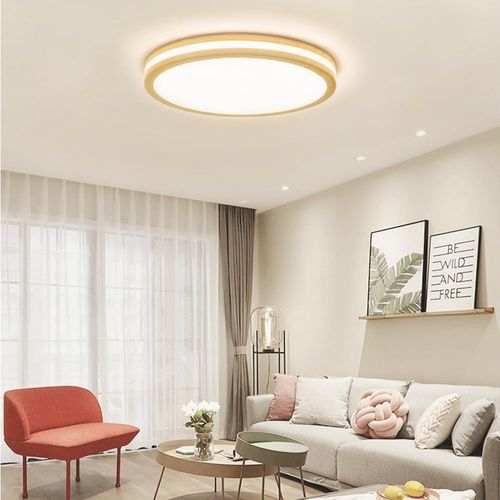Plafonnier LED Bois Rond 40cm Éclairage De Plafond Pour Chambre Salon Couloir Lumière Naturelle