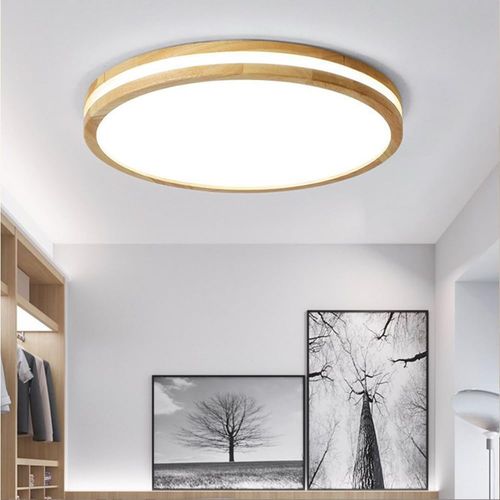 Plafonnier LED Bois Rond 40cm Éclairage De Plafond Pour Chambre Salon Couloir Lumière Froide