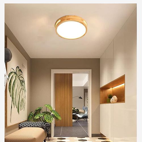 Plafonnier LED Bois 20cm Lampe De Plafond Rond Pour Salon Chambre Couloir 3000k Lumière Chaude