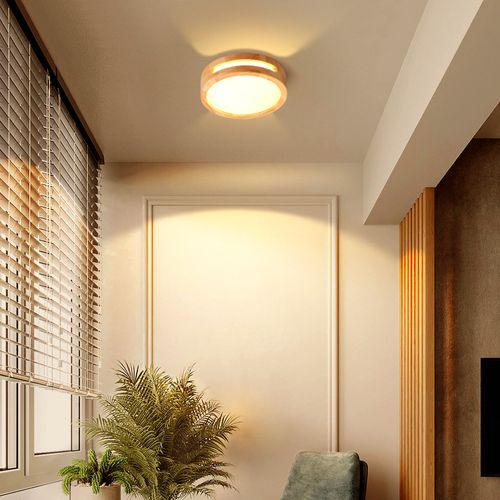 Plafonnier LED Bois 20cm Lampe De Plafond Rond Pour Salon Chambre Couloir 3000k Lumière Chaude