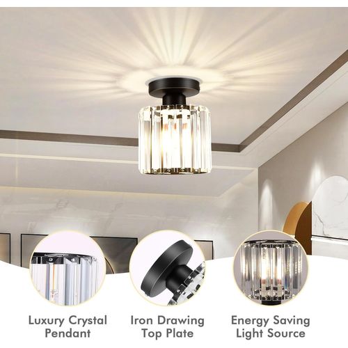 Plafonnier Moderne E27 Lustre Abat-jour En Cristal Métal Éclairage De Plafond Pour Chambre Noir