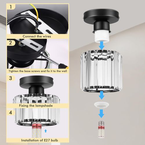 Plafonnier Moderne E27 Lustre Abat-jour En Cristal Métal Éclairage De Plafond Pour Chambre Noir