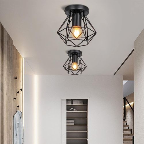 Lot De 2 Plafonnier Industrielle Cage En Métal Lampe De Plafond E27 Noir Pour Salon Salle Chambre