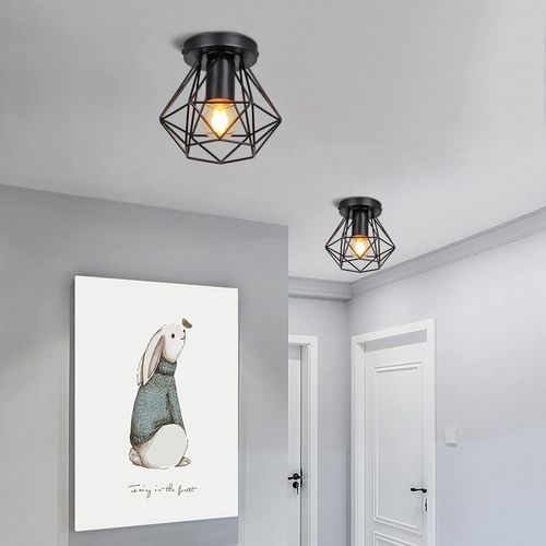 Lot De 2 Plafonnier Industrielle Cage En Métal Lampe De Plafond E27 Noir Pour Salon Salle Chambre