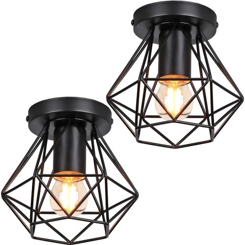 Lot De 2 Plafonnier Industrielle Cage En Métal Lampe De Plafond E27 Noir Pour Salon Salle Chambre