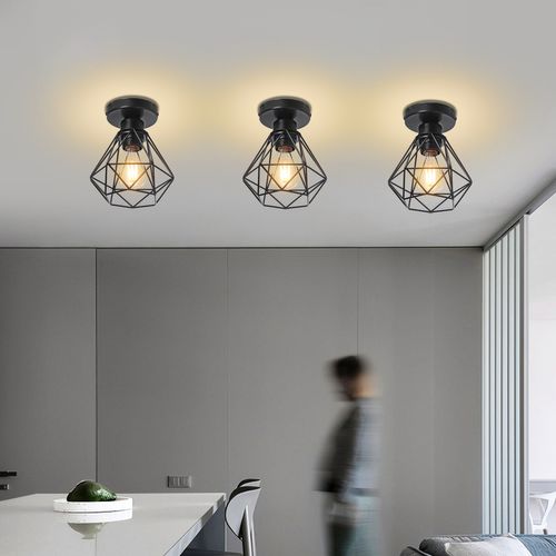 Lot De 3 Plafonnier Industriel Cage Diamant Lampe De Plafond Pour Chambre Sans Ampoule Noir