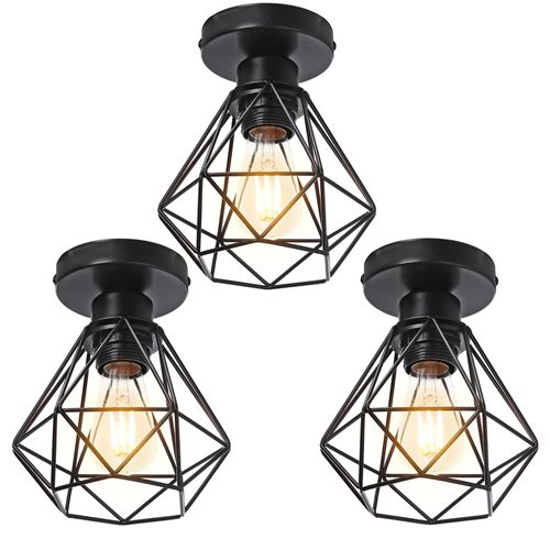 Lot De 3 Plafonnier Industriel Cage Diamant Lampe De Plafond Pour Chambre Sans Ampoule Noir