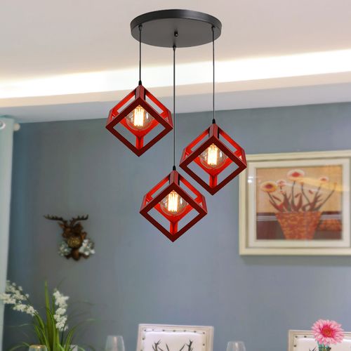Plafonnier Antique à 3 Lumières Lustre Creative Cube Rouge Suspension Luminaire Rétro En Métal E27