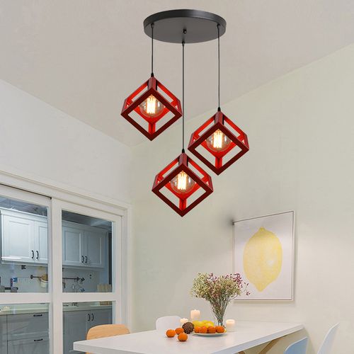 Plafonnier Antique à 3 Lumières Lustre Creative Cube Rouge Suspension Luminaire Rétro En Métal E27