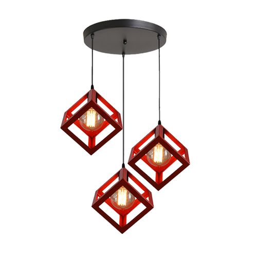 Plafonnier Antique à 3 Lumières Lustre Creative Cube Rouge Suspension Luminaire Rétro En Métal E27