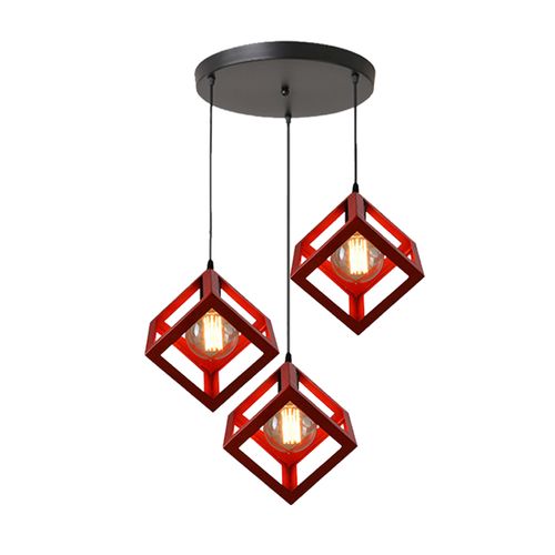 Plafonnier Antique à 3 Lumières Lustre Creative Cube Rouge Suspension Luminaire Rétro En Métal E27