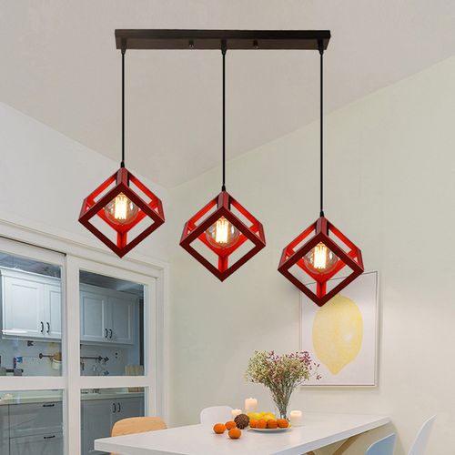 Lustre Creative Cube Rouge Plafonnier Antique à 3 Lumières Suspension Luminaire Rétro En Métal E27