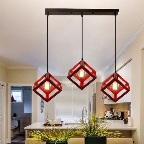 Lustre Creative Cube Rouge Plafonnier Antique à 3 Lumières Suspension Luminaire Rétro En Métal E27