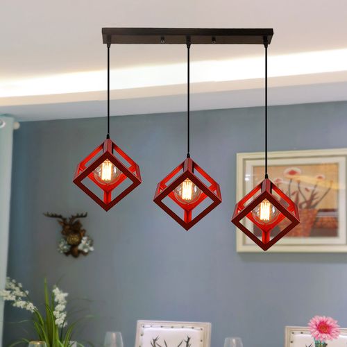 Lustre Creative Cube Rouge Plafonnier Antique à 3 Lumières Suspension Luminaire Rétro En Métal E27