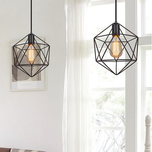 Lustre suspension 3 lampes - SMOTOP Cage diamant 15 cm - Métal doré - E27 - Vintage - Maison