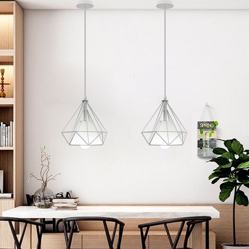 2pcs Lustre Rétro E27 Lampes Suspendues Industrielles En Métal Avec Cage En Diamant (blanc)