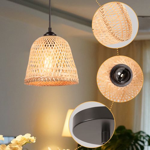 20cm Lustre En Bambou Lampe De Plafond Rétro Moderne Luminaire Plafonnier D'intérieur