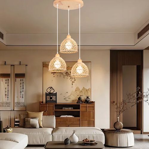 3 Lumières Lustre En Bambou Moderne Luminaire Plafonnier D'intérieur Suspensions Luminaire Vintage