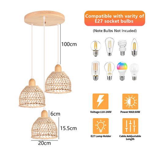 3 Lumières Lustre En Bambou Moderne Luminaire Plafonnier D'intérieur Suspensions Luminaire Vintage