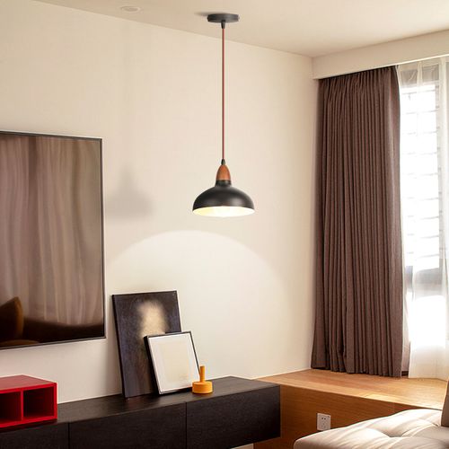 Suspension Lustre Rétro E27 Lustre En Bois Abat-jour En Métal D.19cm Plafonnier Moderne Noir