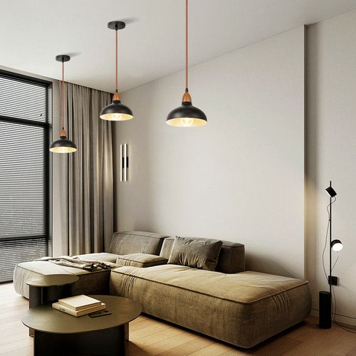 2x Suspension Lustre Rétro E27 Lustre En Bois Abat-jour En Métal Ø19cm Plafonnier Moderne Noir