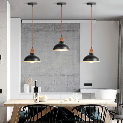 2x Suspension Lustre Rétro E27 Lustre En Bois Abat-jour En Métal Ø19cm Plafonnier Moderne Noir