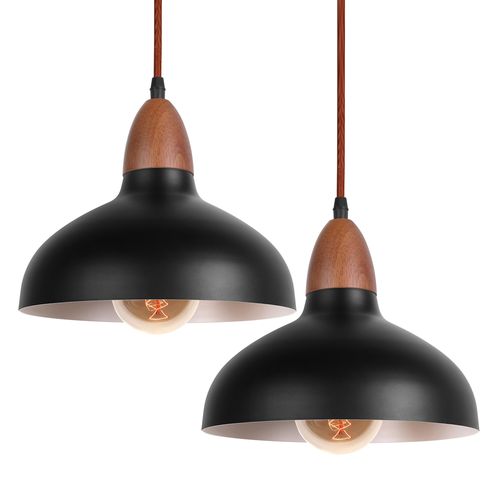 2x Suspension Lustre Rétro E27 Lustre En Bois Abat-jour En Métal Ø19cm Plafonnier Moderne Noir