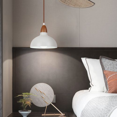 Suspension Lustre Rétro E27 Lustre En Bois Abat-jour En Métal Ø19cm Plafonnier Moderne Blanc
