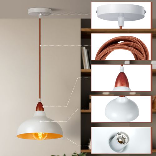 2x Suspension Lustre Rétro E27 Lustre En Bois Abat-jour En Métal Ø24cm Plafonnier Moderne Blanc