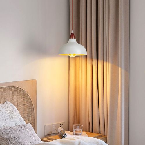 2x Suspension Lustre Rétro E27 Lustre En Bois Abat-jour En Métal Ø24cm Plafonnier Moderne Blanc