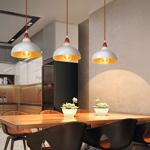 2x Suspension Lustre Rétro E27 Lustre En Bois Abat-jour En Métal Ø24cm Plafonnier Moderne Blanc