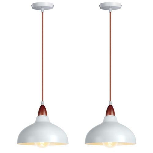 2x Suspension Lustre Rétro E27 Lustre En Bois Abat-jour En Métal Ø24cm Plafonnier Moderne Blanc