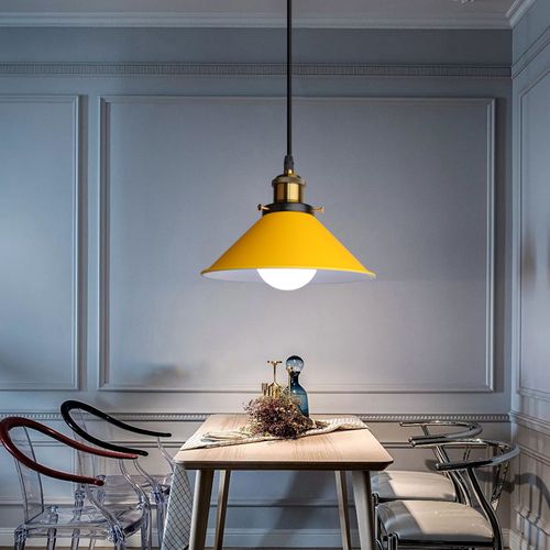 Lampe à Suspension Rétro Lustre Vintage Jaune 22cm Plafonnier Industriel Modernes E27