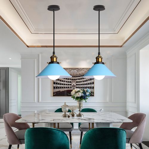 Lampe à Suspension Rétro Lustre Vintage Bleu 22cm Plafonnier Industriel Modernes E27