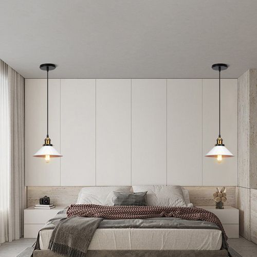 (2x) Lampes à Suspension Rétro Plafonnier Industriel Lustre Vintage 220mm E27 (blanc) En Métal