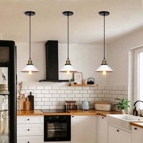 (2x) Lampes à Suspension Rétro Plafonnier Industriel Lustre Vintage 220mm E27 (blanc) En Métal