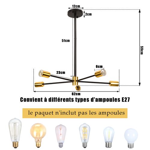 Plafonnier Moderne Noir Lampe De Plafond Rétro Luminaire Plafonnier En Métal Lustre 5 Lumières