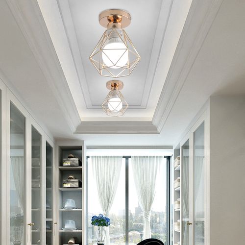2pcs Plafonnier Rétro Lampe De Plafond Cage En Métal Or Luminaire Plafonnier Vintage D'intérieur E27