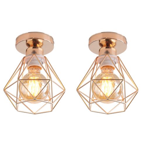 2pcs Plafonnier Rétro Lampe De Plafond Cage En Métal Or Luminaire Plafonnier Vintage D'intérieur E27