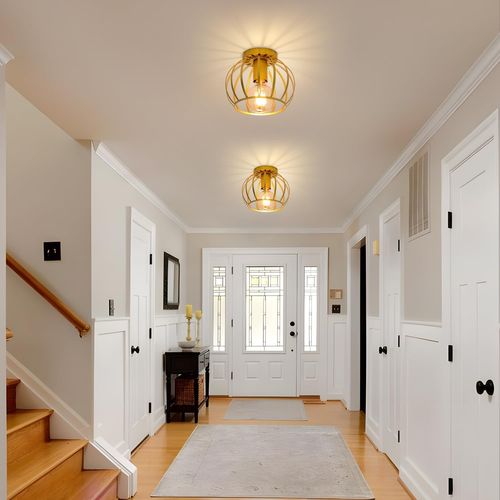 (2x) Lampe De Plafond Rétro Luminaire Plafonnier Cage En Métal Plafonnier Design Rond E27 20cm, Doré