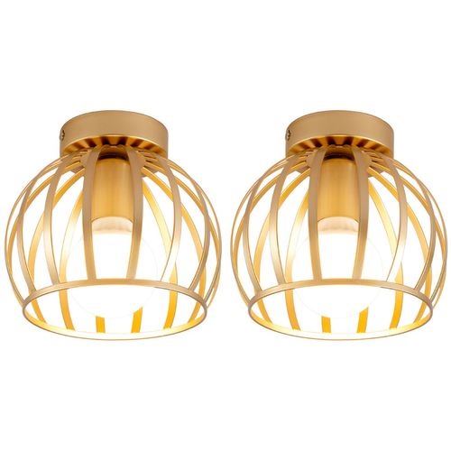 (2x) Lampe De Plafond Rétro Luminaire Plafonnier Cage En Métal Plafonnier Design Rond E27 20cm, Doré