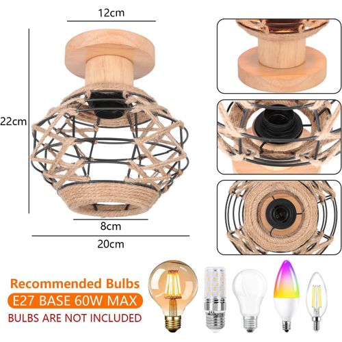 Plafonnier Vintage E27 Lampe De Plafond Rétro Abat-jour Cage En Ficelle Métallique Ø20cm
