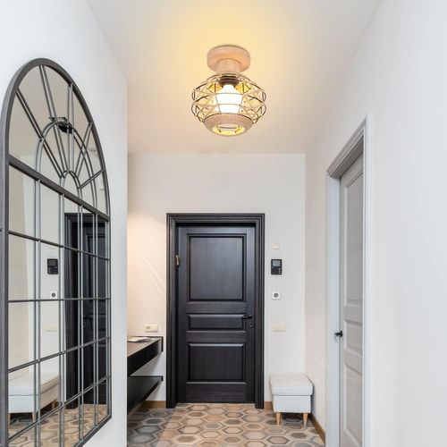 2pcs-plafonnier Vintage E27 Lampe De Plafond Rétro Abat-jour Cage En Ficelle Métallique Ø20cm