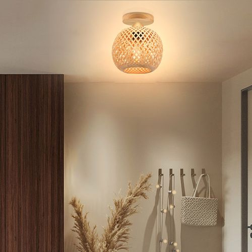 20cm Lampe De Plafond En Bambou Plafonnier Moderne Rétro Luminaire Plafonnier Intérieur