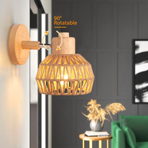 15cm Applique Murale Intérieure Lampe Murale Réglable En Bois Et Rotin Rétro Vintage